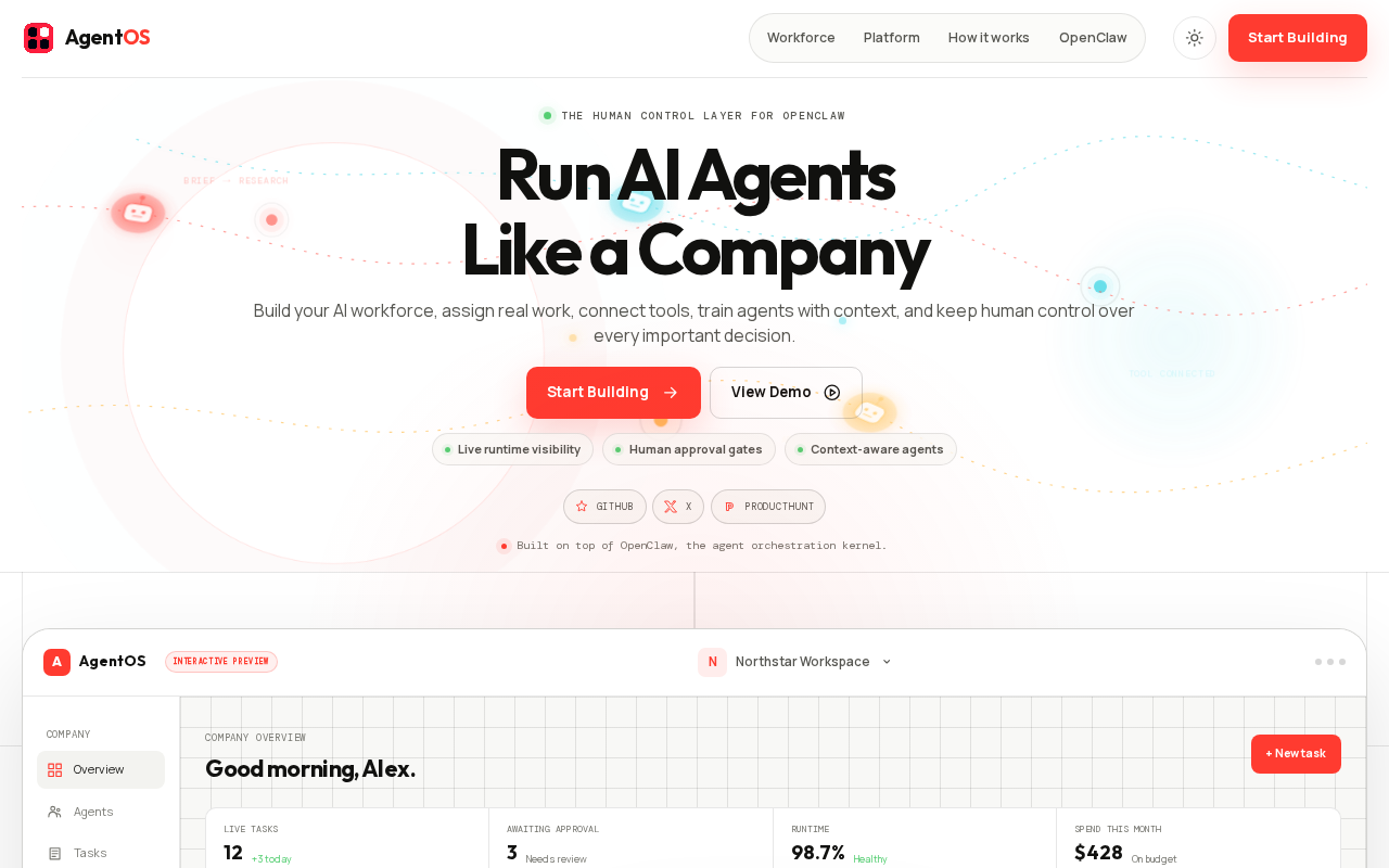 Головна сторінка AgentOS з заголовком "Run AI Agents Like a Company" та інтерфейсом дашборду.
