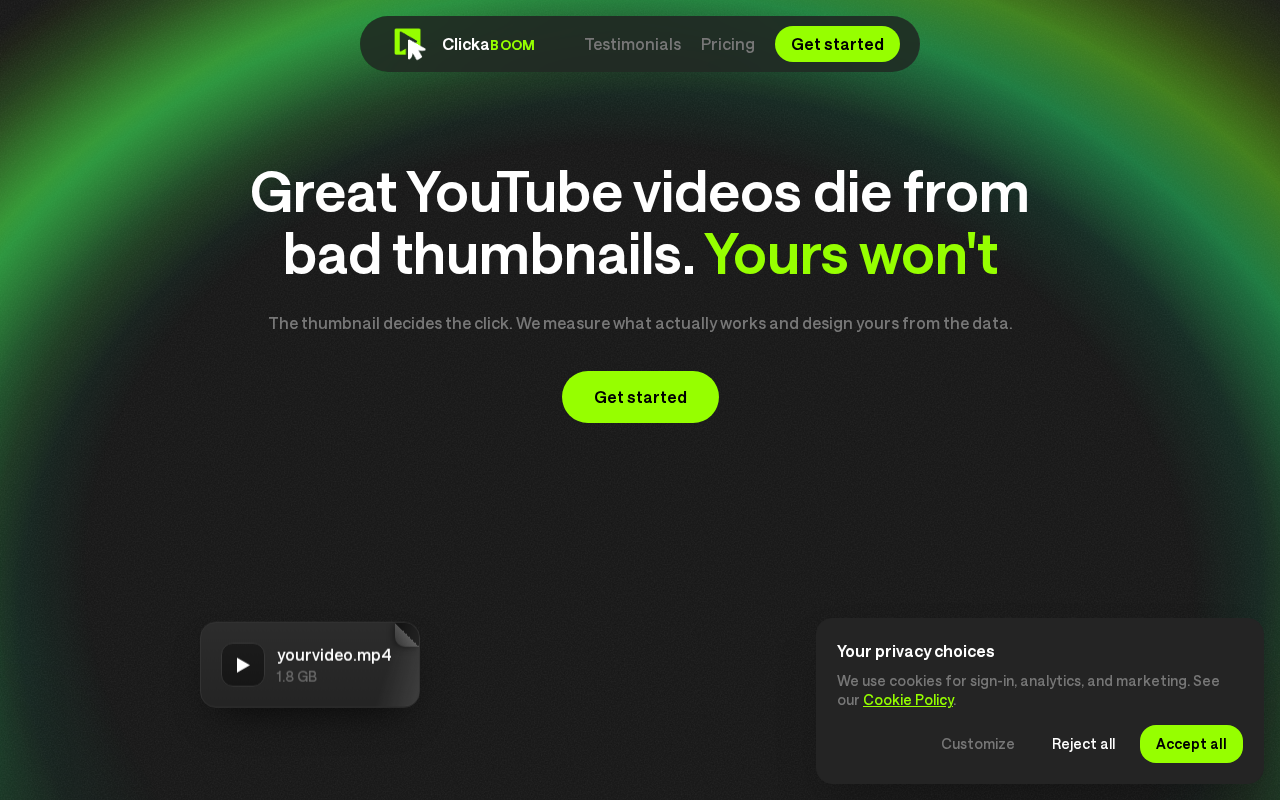 Головна сторінка Clickaboom з заголовком про важливість мініатюр YouTube та кнопкою "Get started".