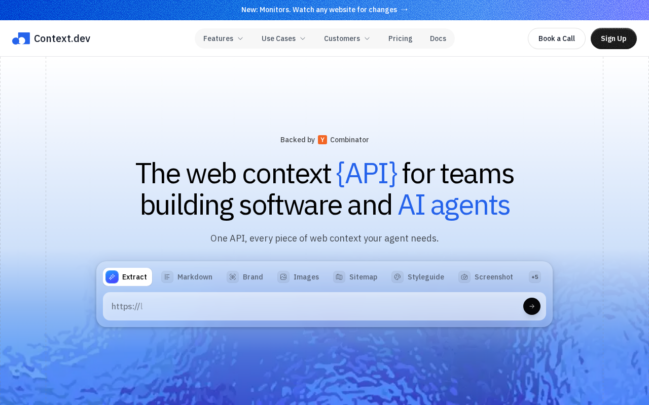 Головна сторінка Context.dev з заголовком про API для команд, що створюють AI-агентів.