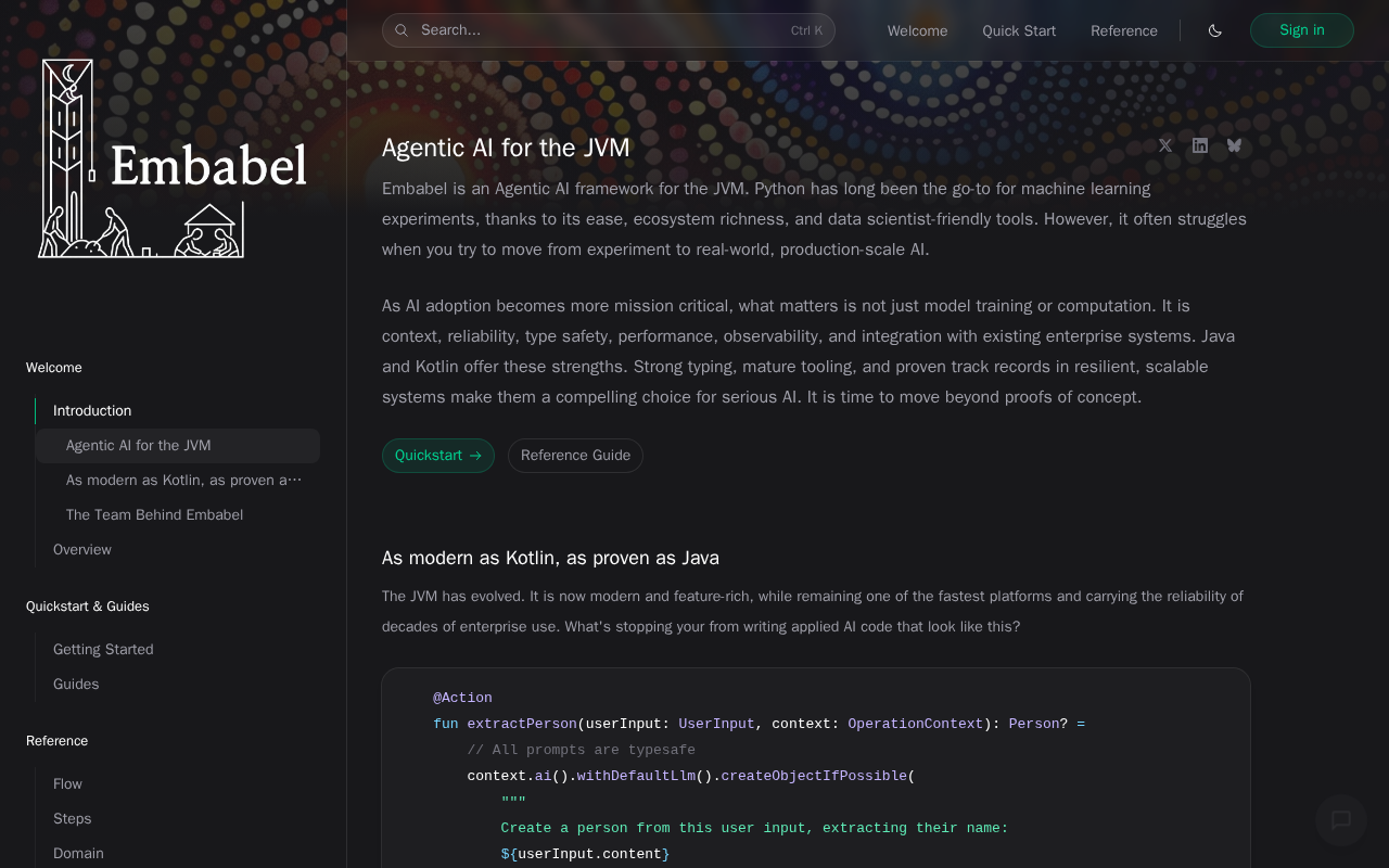 Документація Embabel-agent з описом фреймворку та прикладами коду на Java/Kotlin.