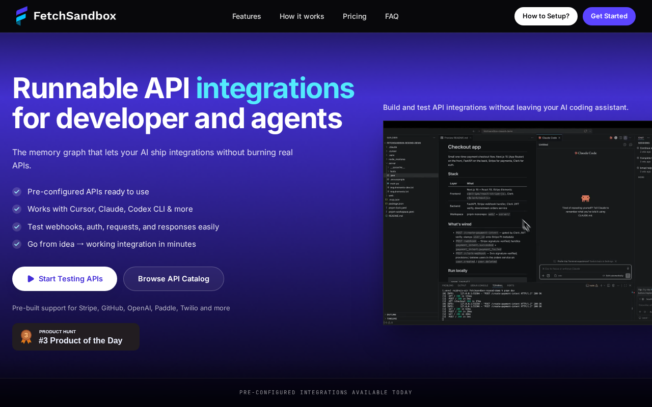 Головна сторінка FetchSandbox з заголовком про API інтеграції та інтерфейсом розробника