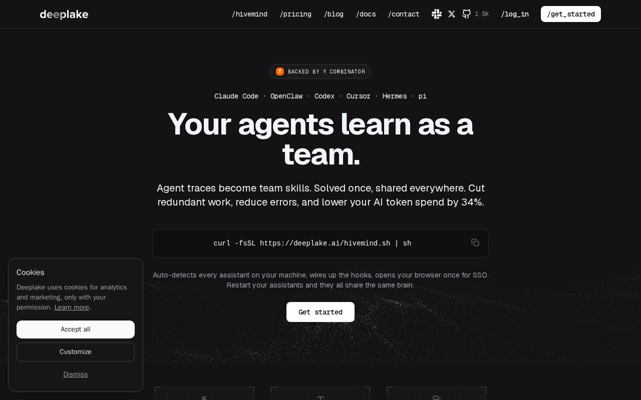 Головна сторінка Hivemind з заголовком 'Your agents learn as a team' та кнопкою 'Get started'