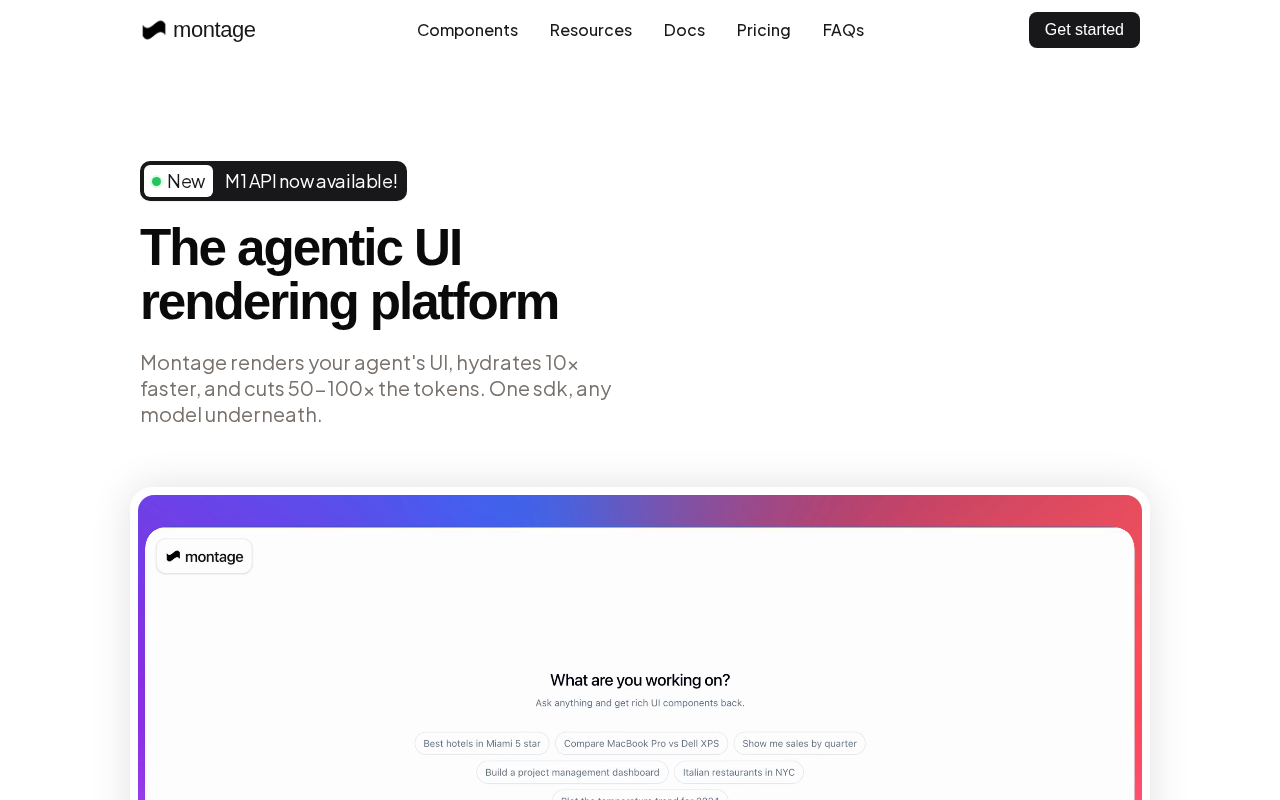 Головна сторінка Montage з заголовком 'The agentic UI rendering platform' та прикладом інтерфейсу