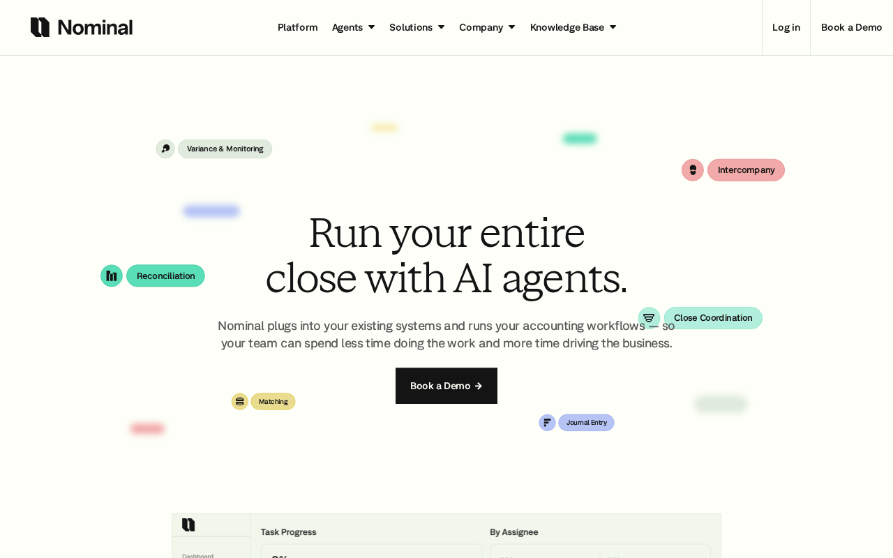 Головна сторінка Nominal з логотипом, меню та заголовком «Run your entire close with AI agents».