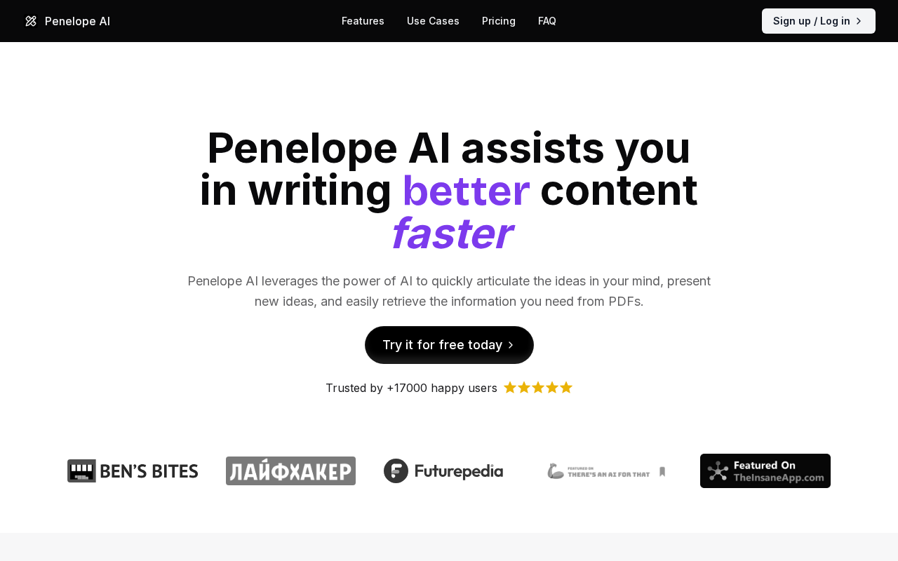 Головна сторінка Penelope AI з заголовком "Penelope AI assists you in writing better content faster"