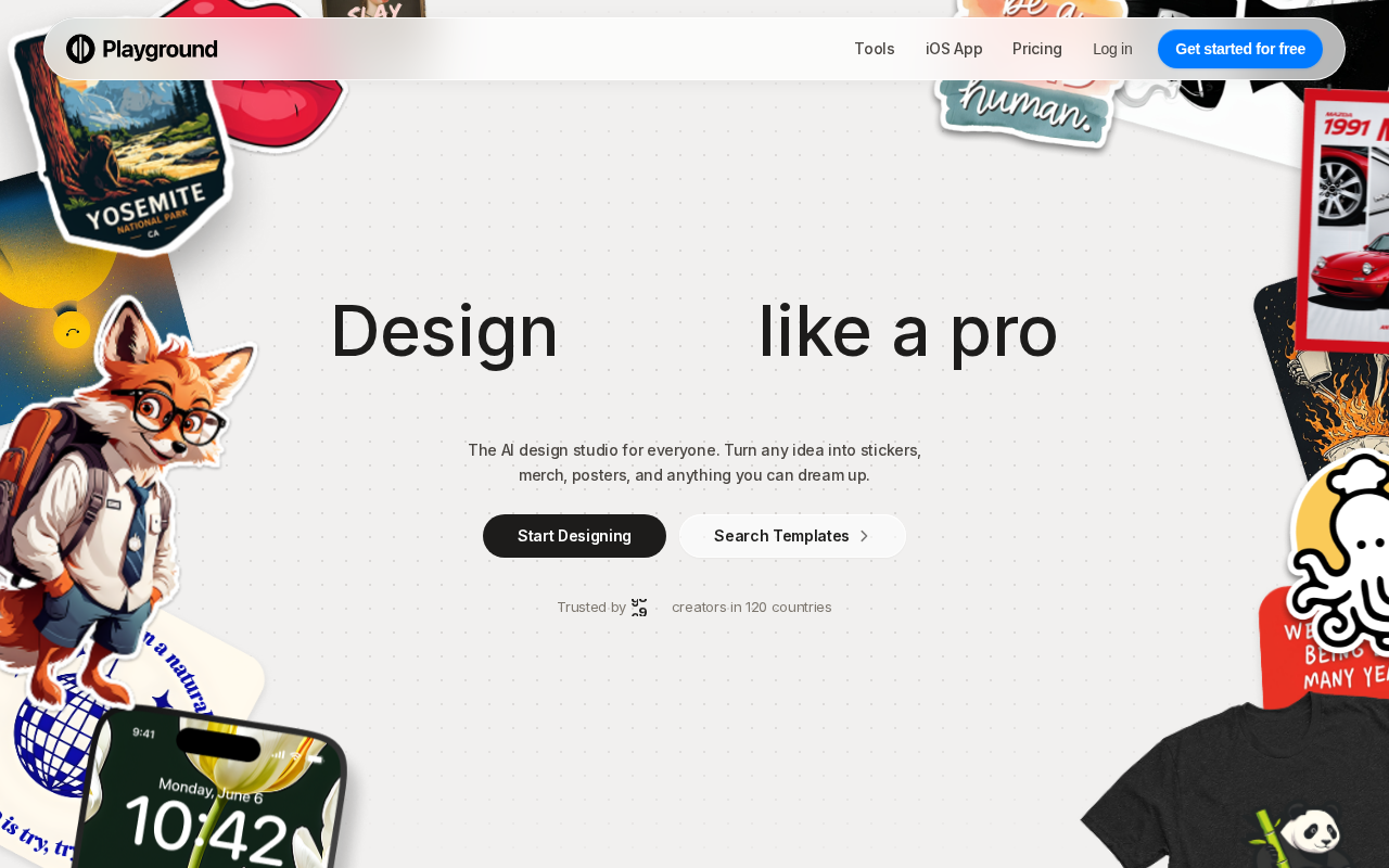 Головна сторінка Playground AI з написом "Design like a pro" та кнопками "Start Designing".