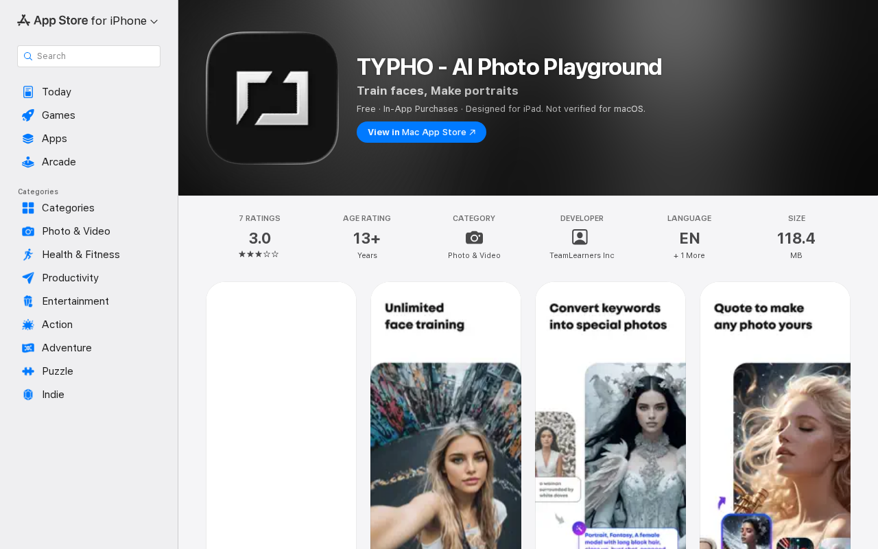 Сторінка застосунку Typho - AI Photo Playground в App Store для iPhone.