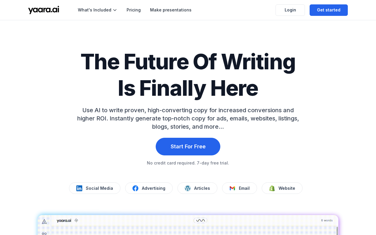 Головна сторінка Yaara з заголовком "The Future Of Writing Is Finally Here" та кнопкою "Start For Free"